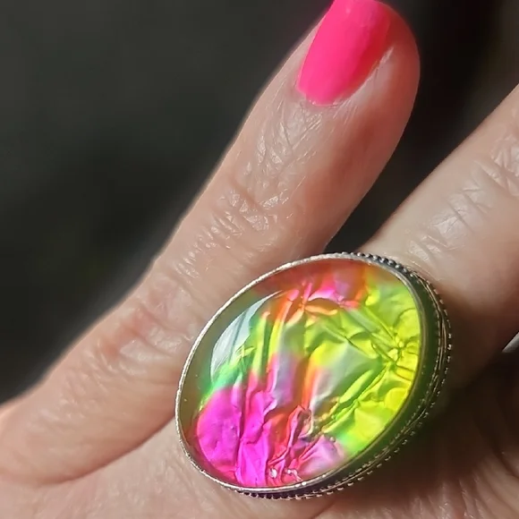 Pink and Green Statement Ring with Intricate Silver Setting - Picture 4 of 5